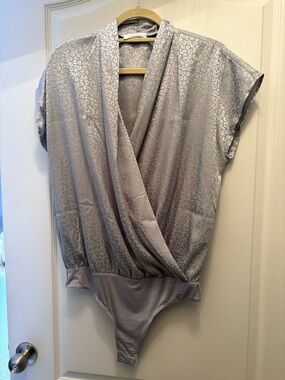 Silver Leopard-Print Bodysuit Top L NWOT